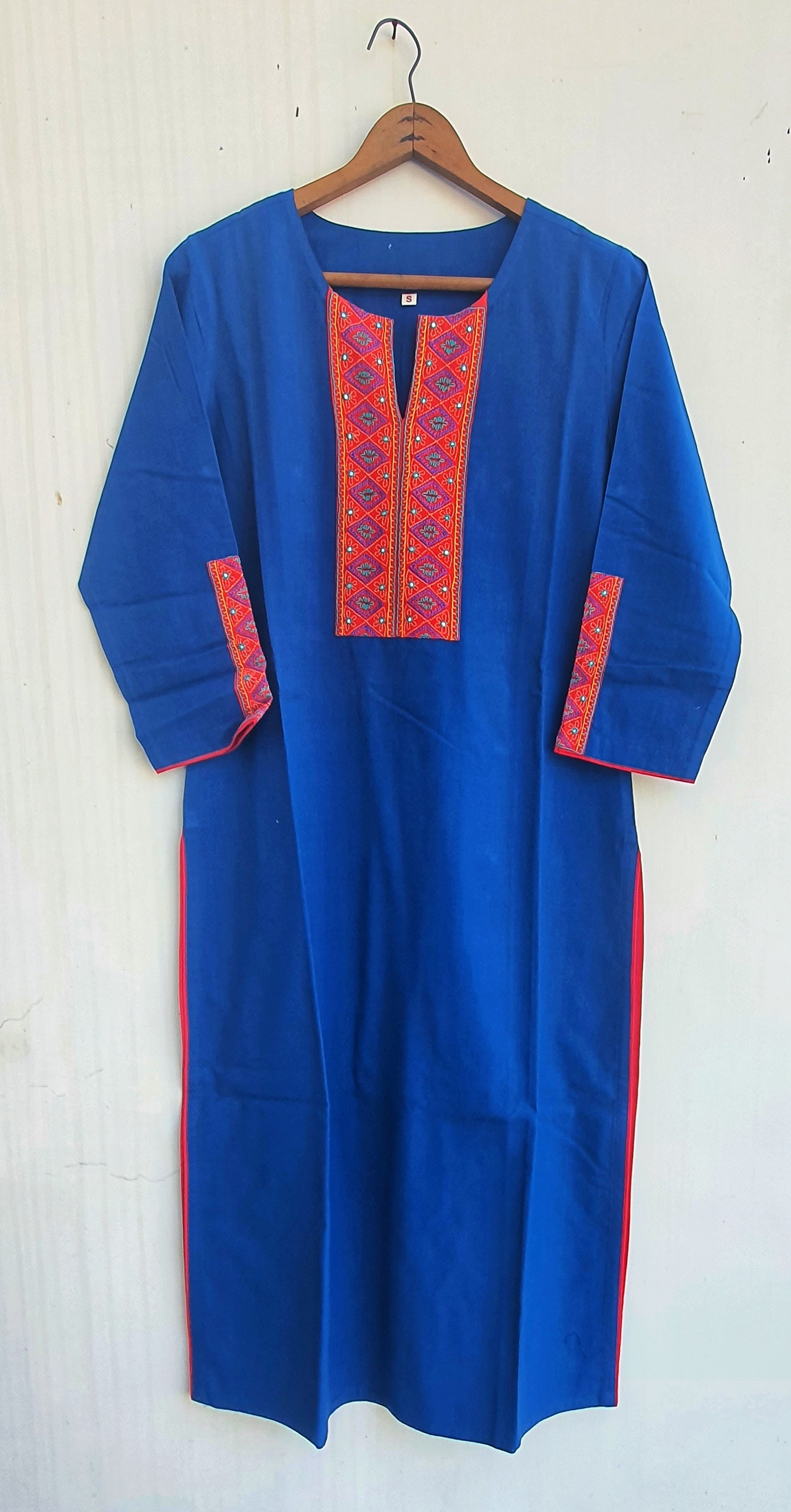 Electric Blue Pure Cotton Hand Embroidered Long Kurta