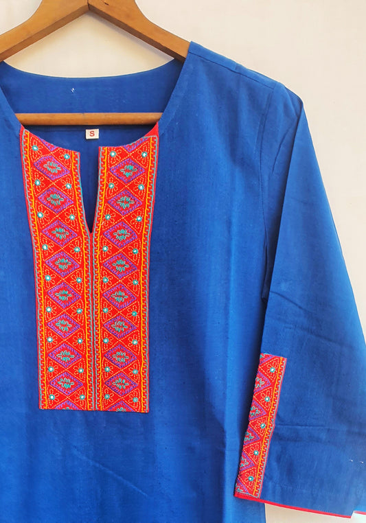 Electric Blue Pure Cotton Hand Embroidered Long Kurta