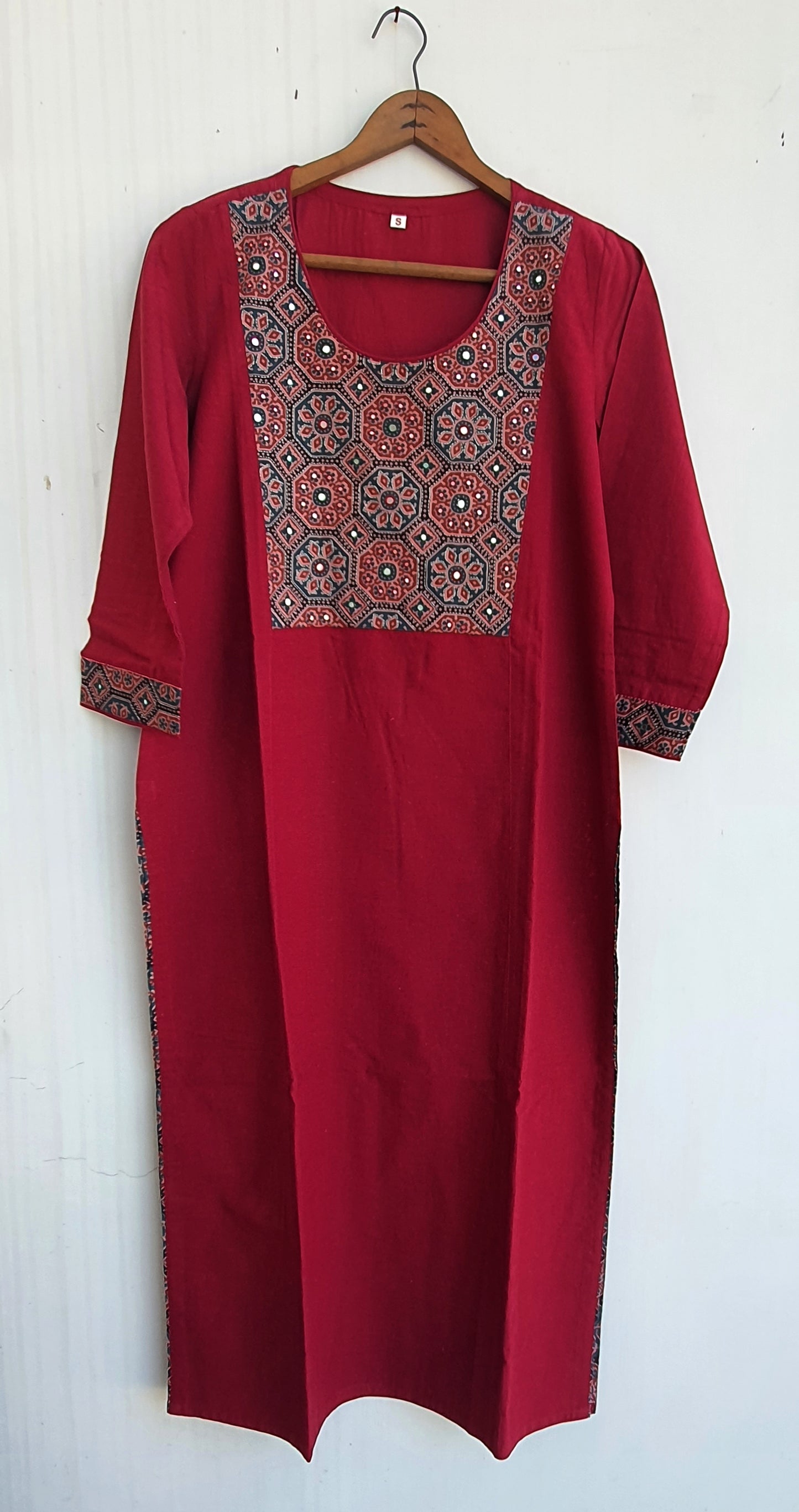 Cherry Red Pure Cotton Long Kurta with Ajrakh Patchwork