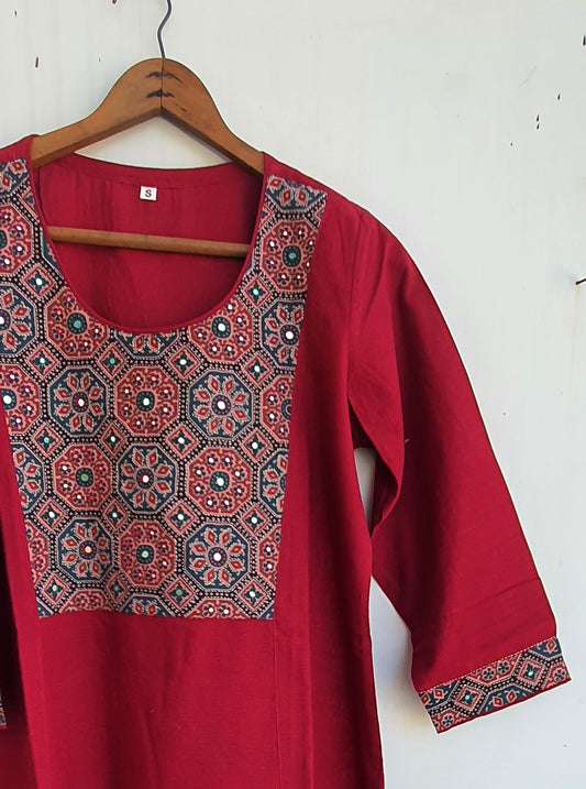 Cherry Red Pure Cotton Long Kurta with Ajrakh Patchwork