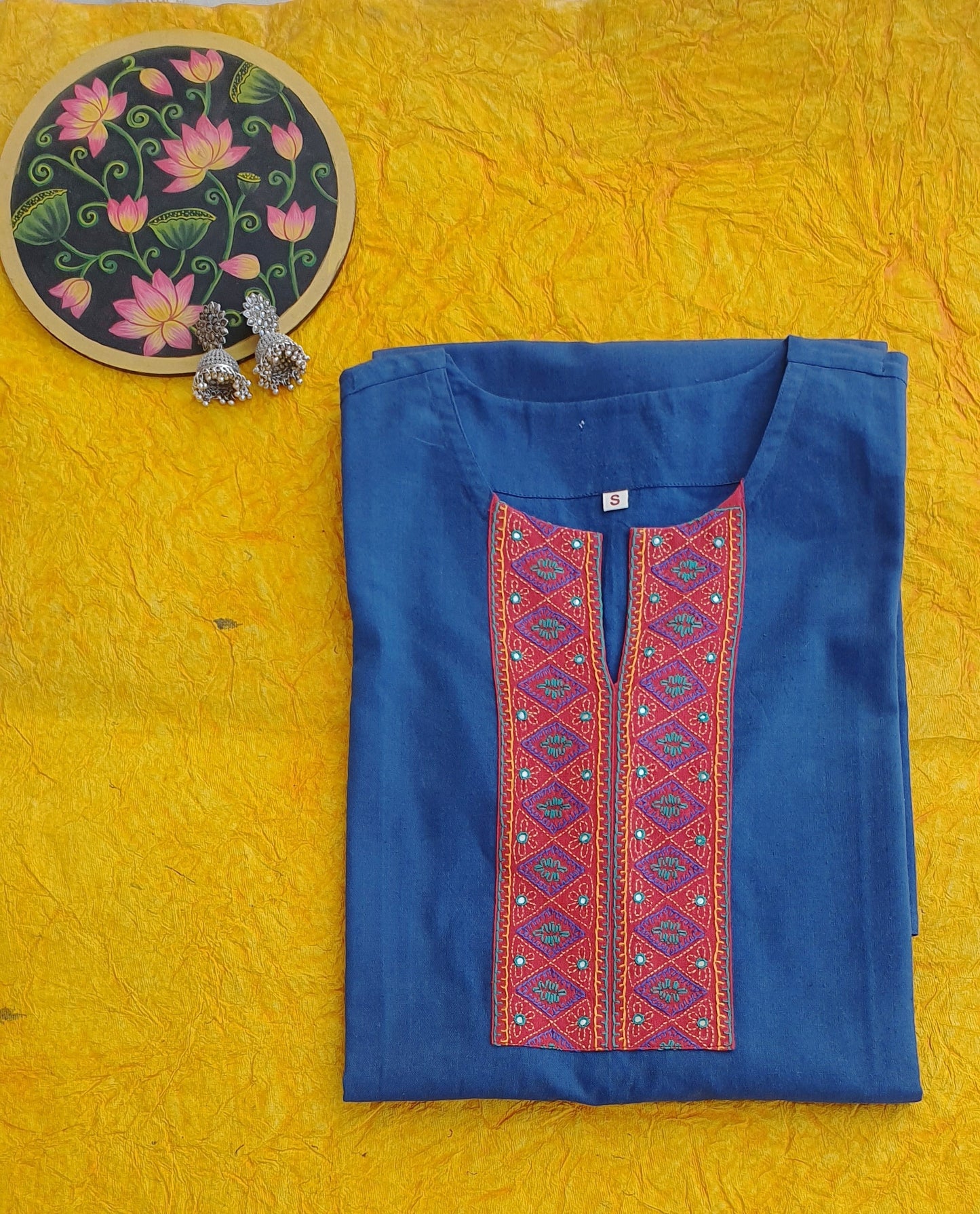 Electric Blue Pure Cotton Hand Embroidered Long Kurta