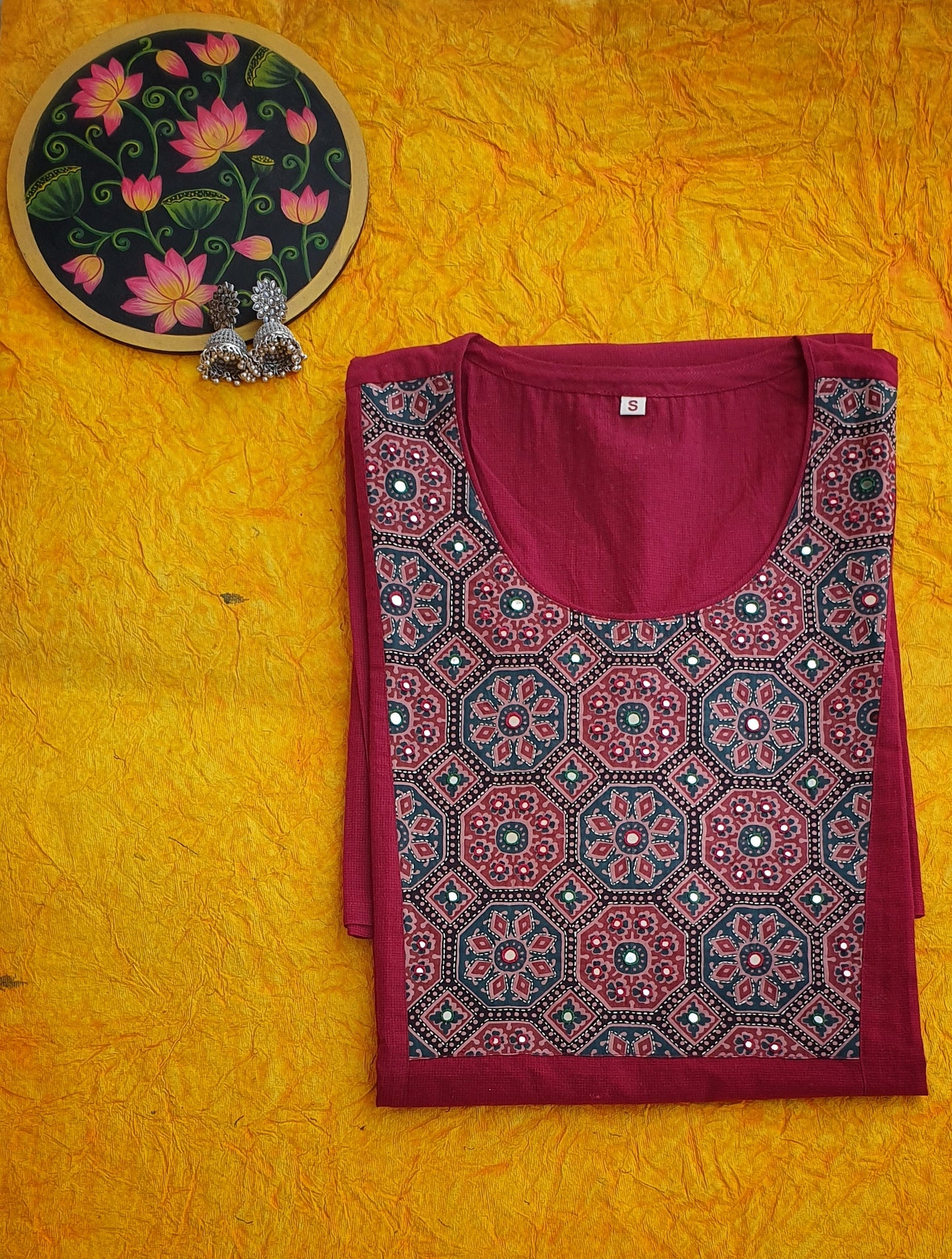 Cherry Red Pure Cotton Long Kurta with Ajrakh Patchwork