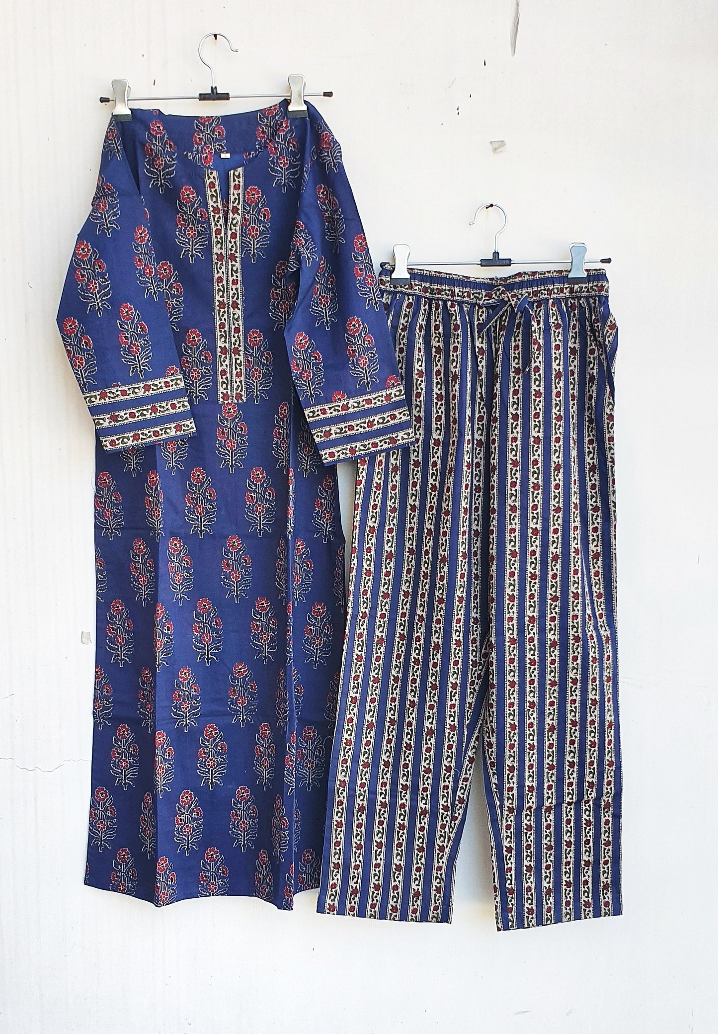 Navy Blue Flower Motif Ajrakh Print Cotton Kurta Pant Set