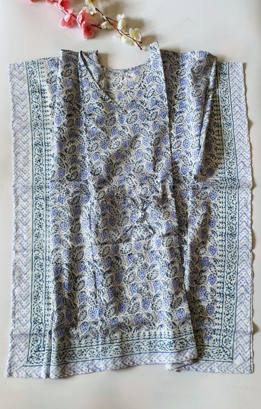 White and Blue Leaf Pattern Mul Cotton Short Kaftan Top