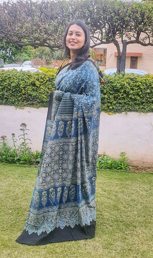 Blue Floral and Stripes Ajrakh Cotton Saree