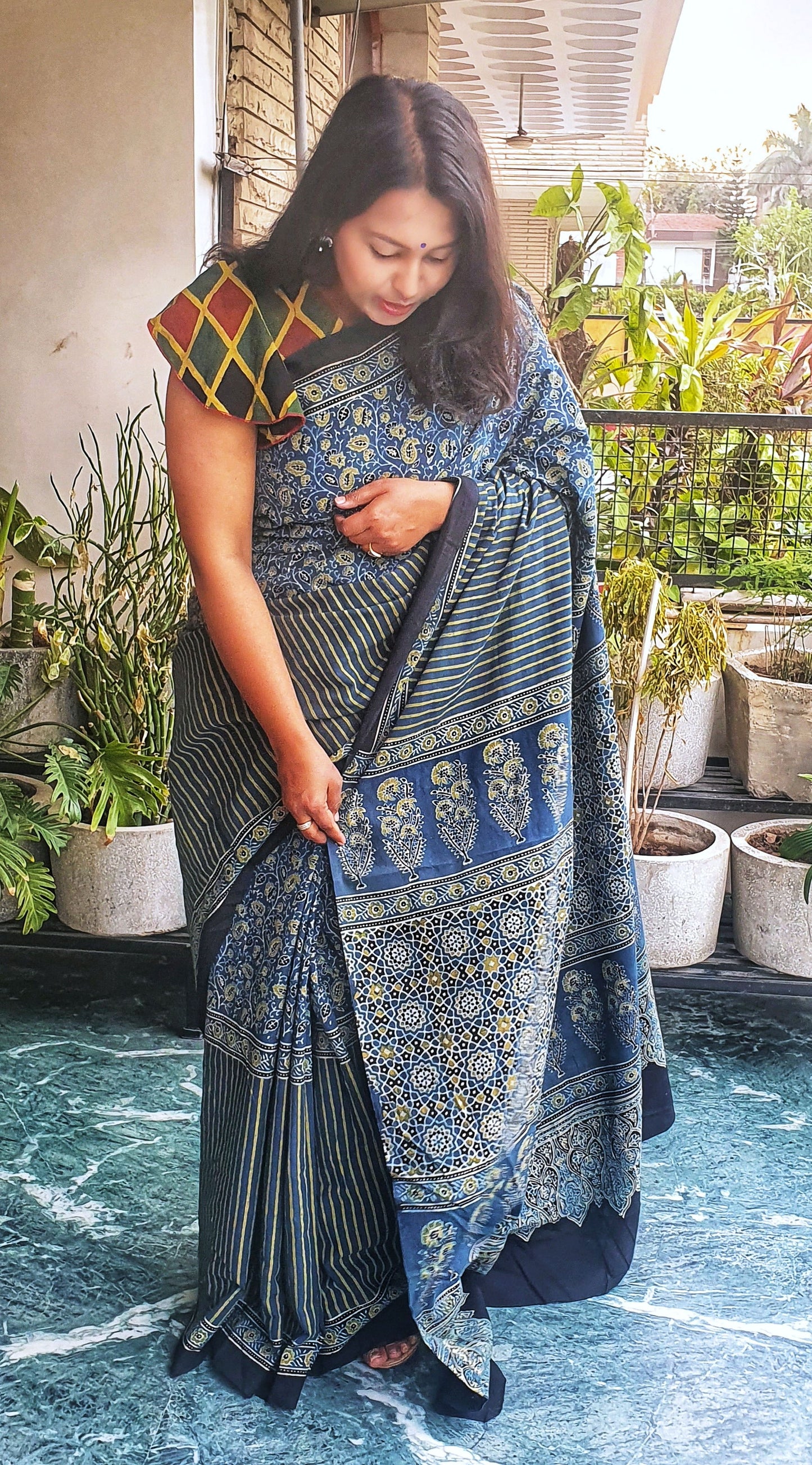 Blue Floral and Stripes Ajrakh Cotton Saree