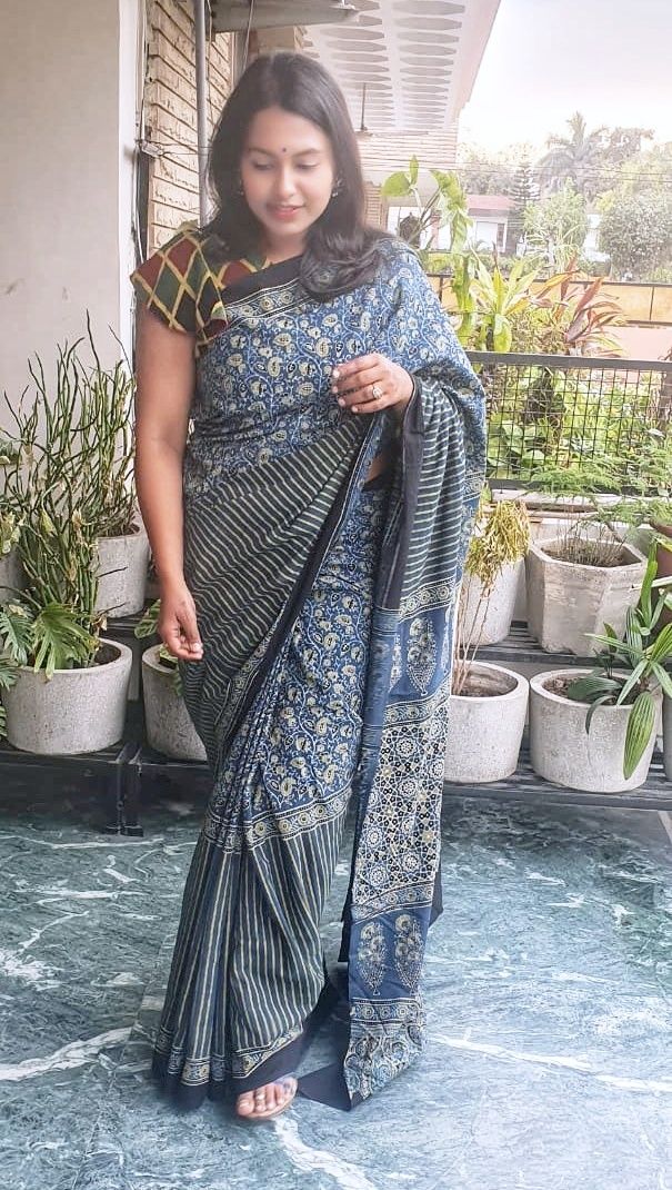 KARISHMA - Ajrakh hand block printed mul cotton saree