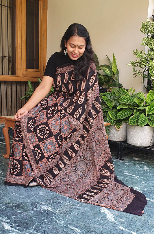 Black Mixed Motifs Ajrakh Cotton Saree