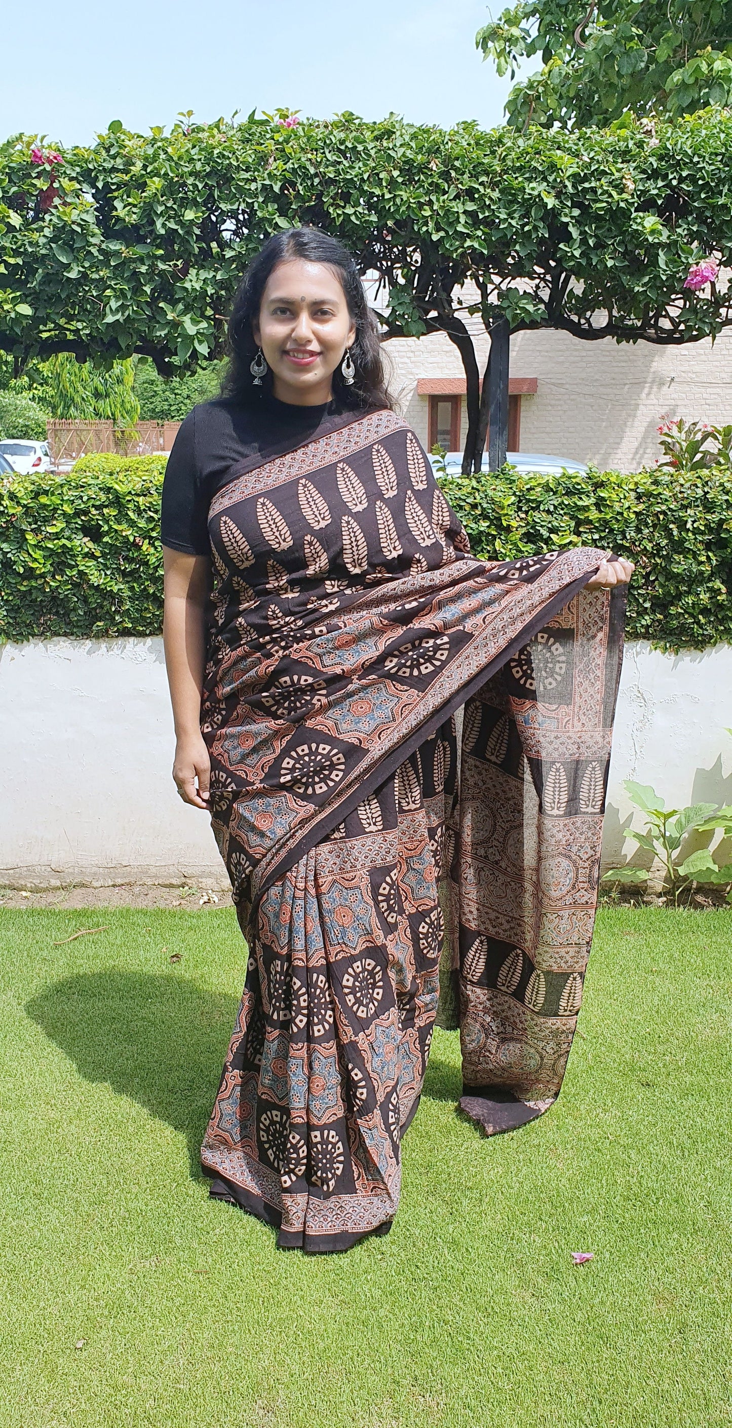 Black Mixed Motifs Ajrakh Cotton Saree