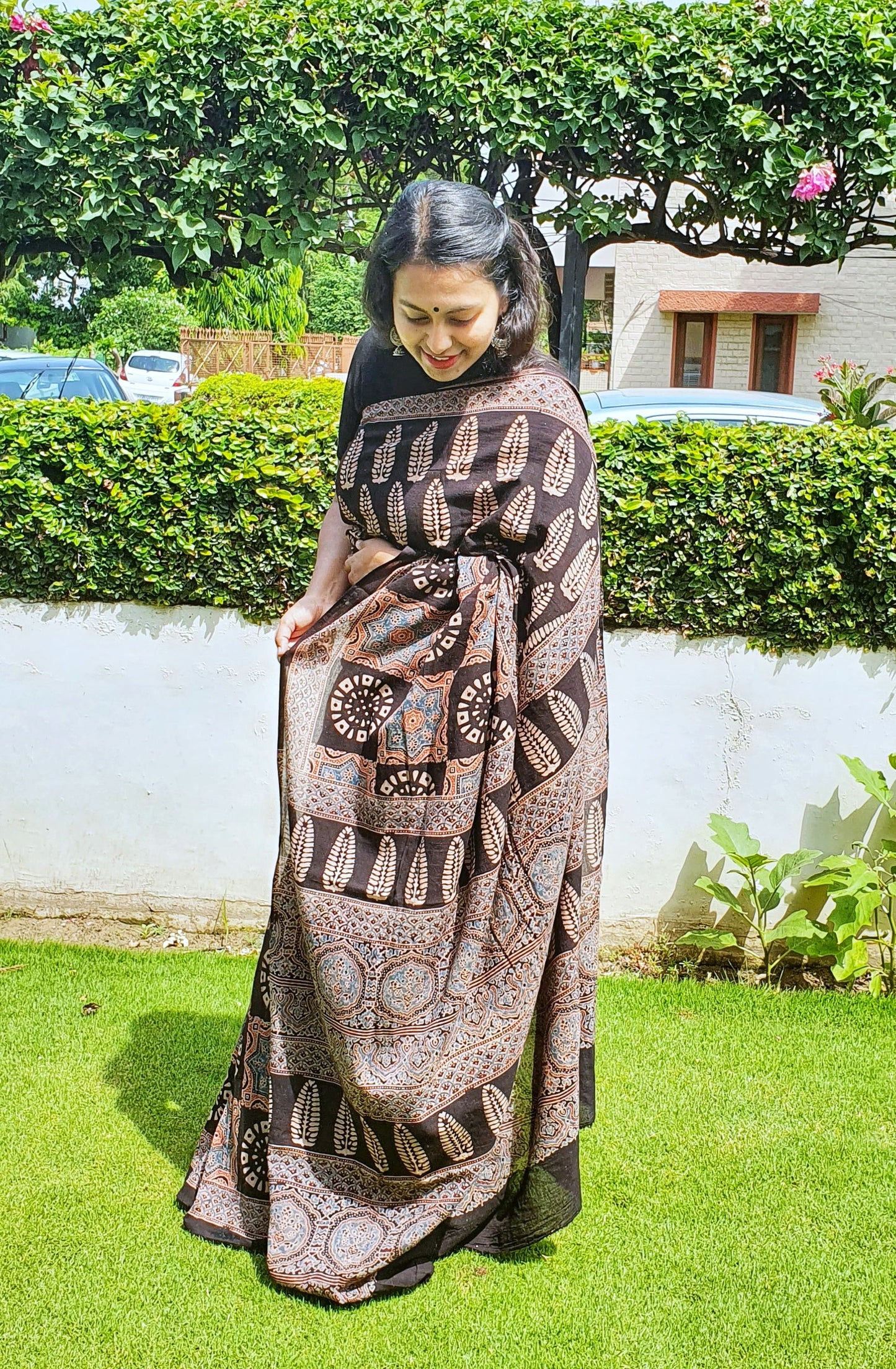 Black Mixed Motifs Ajrakh Cotton Saree