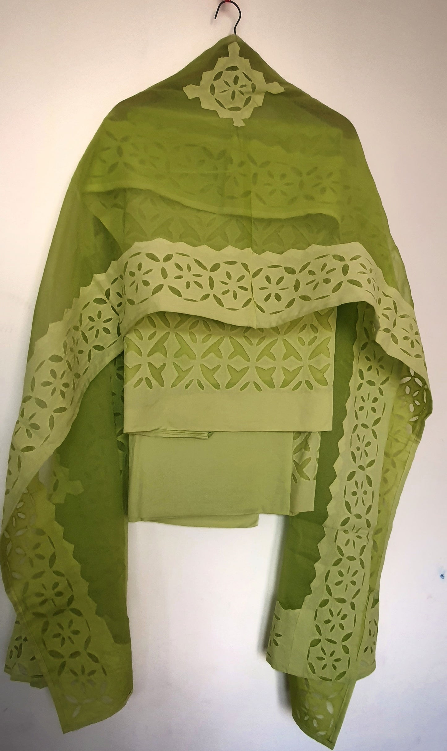 Chatreuse Green Barmer Applique Cut Work Cotton 3pc Suit Material Set