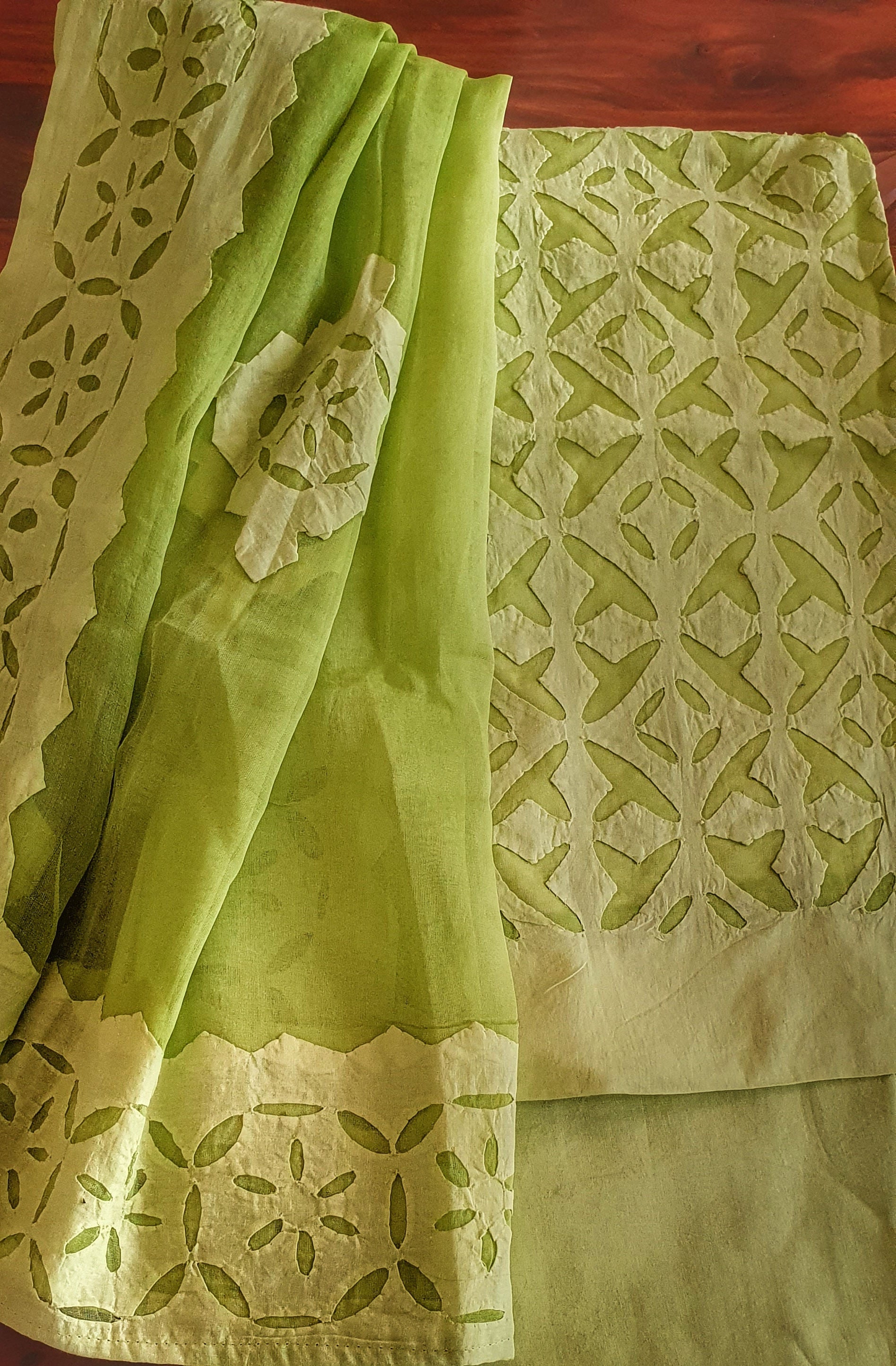 Chatreuse Green Barmer Applique Cut Work Cotton 3pc Suit Material Set