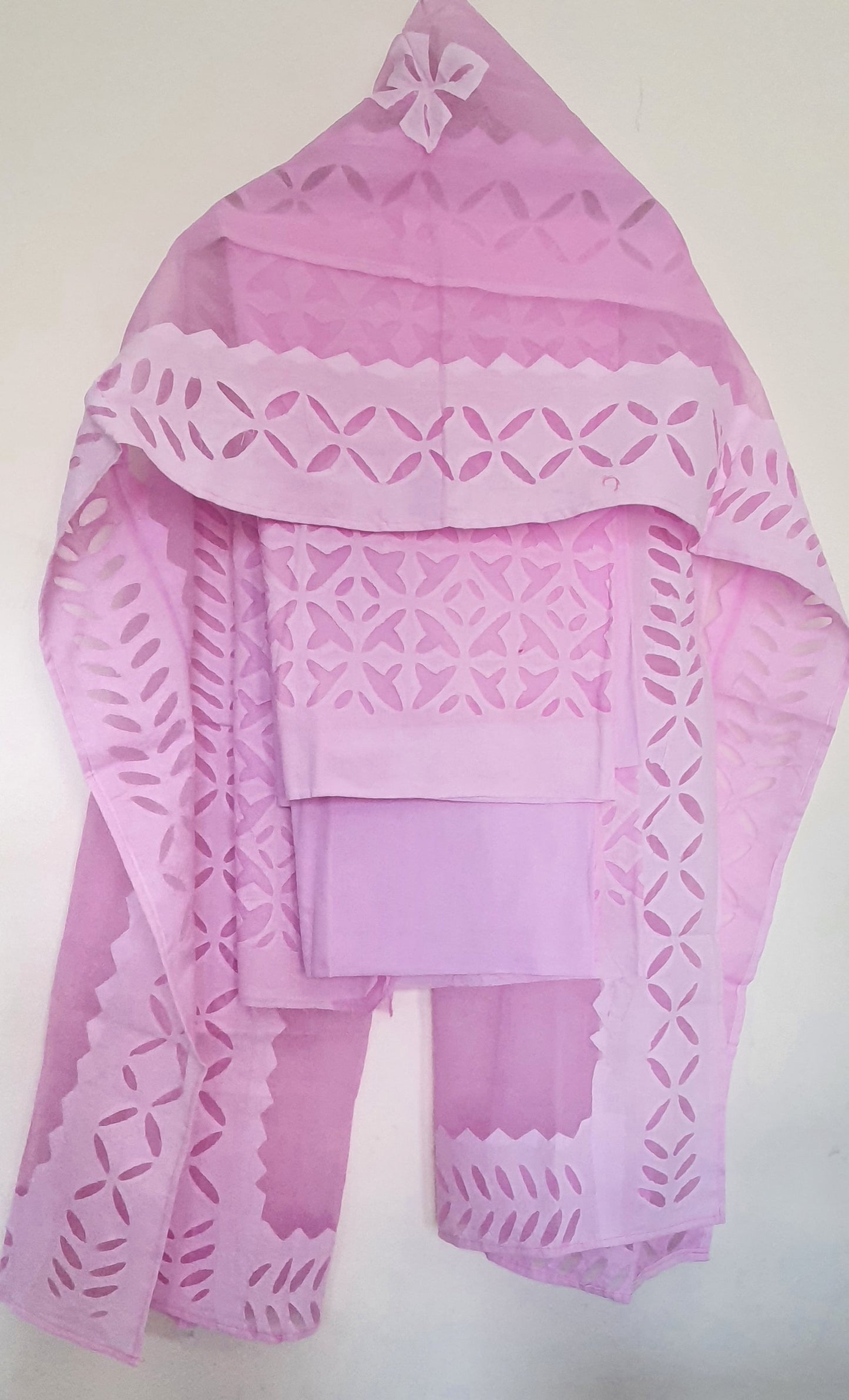 Baby Pink Barmer Applique Cut Work Cotton 3pc Suit Material Set