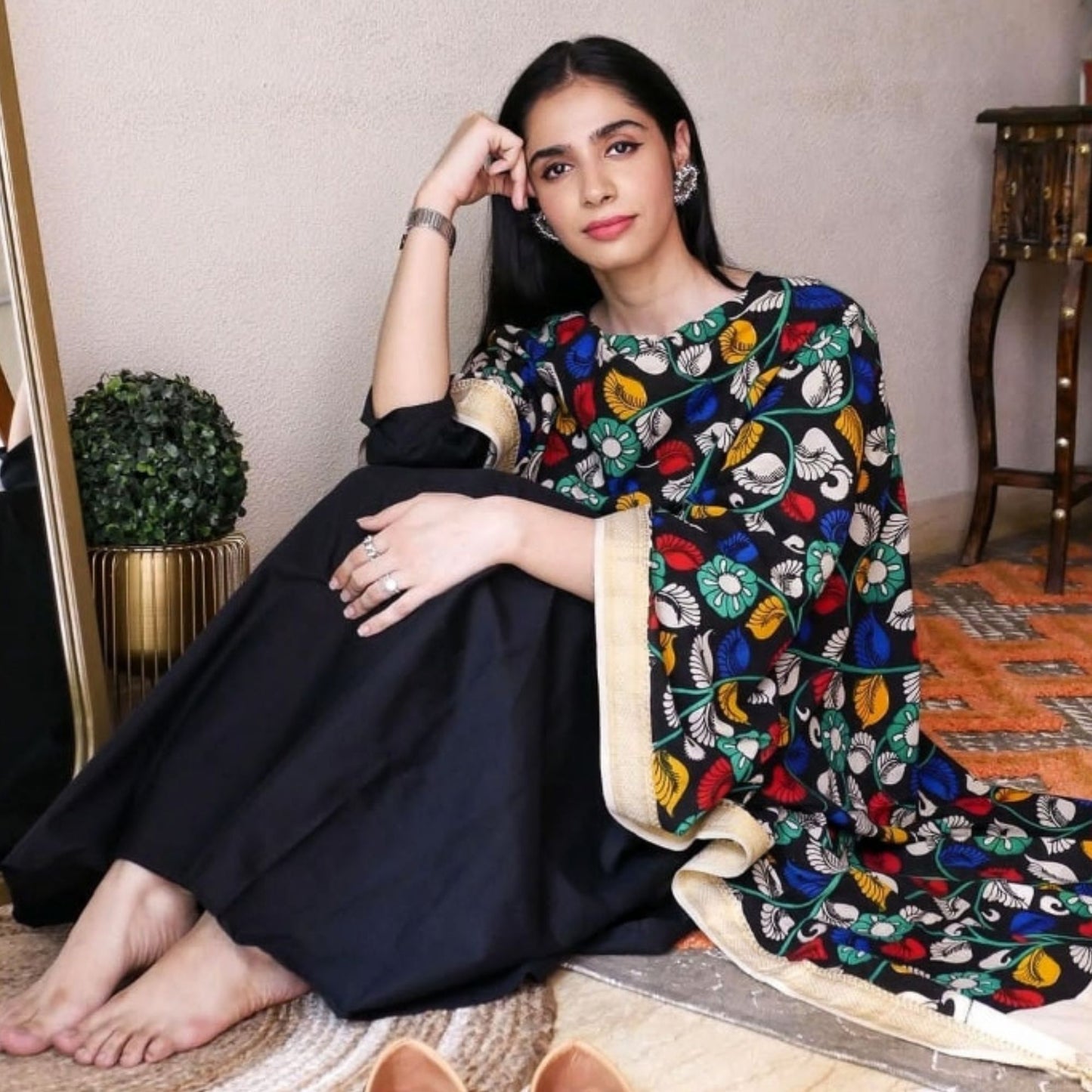 Handpainted Srikalahasti Kalamkari Cotton Dupatta Kalidaar Black Suit Set SuccessActive