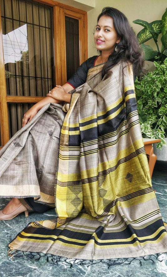 Black and Grey Bhagalpur Desi Tussar Saree