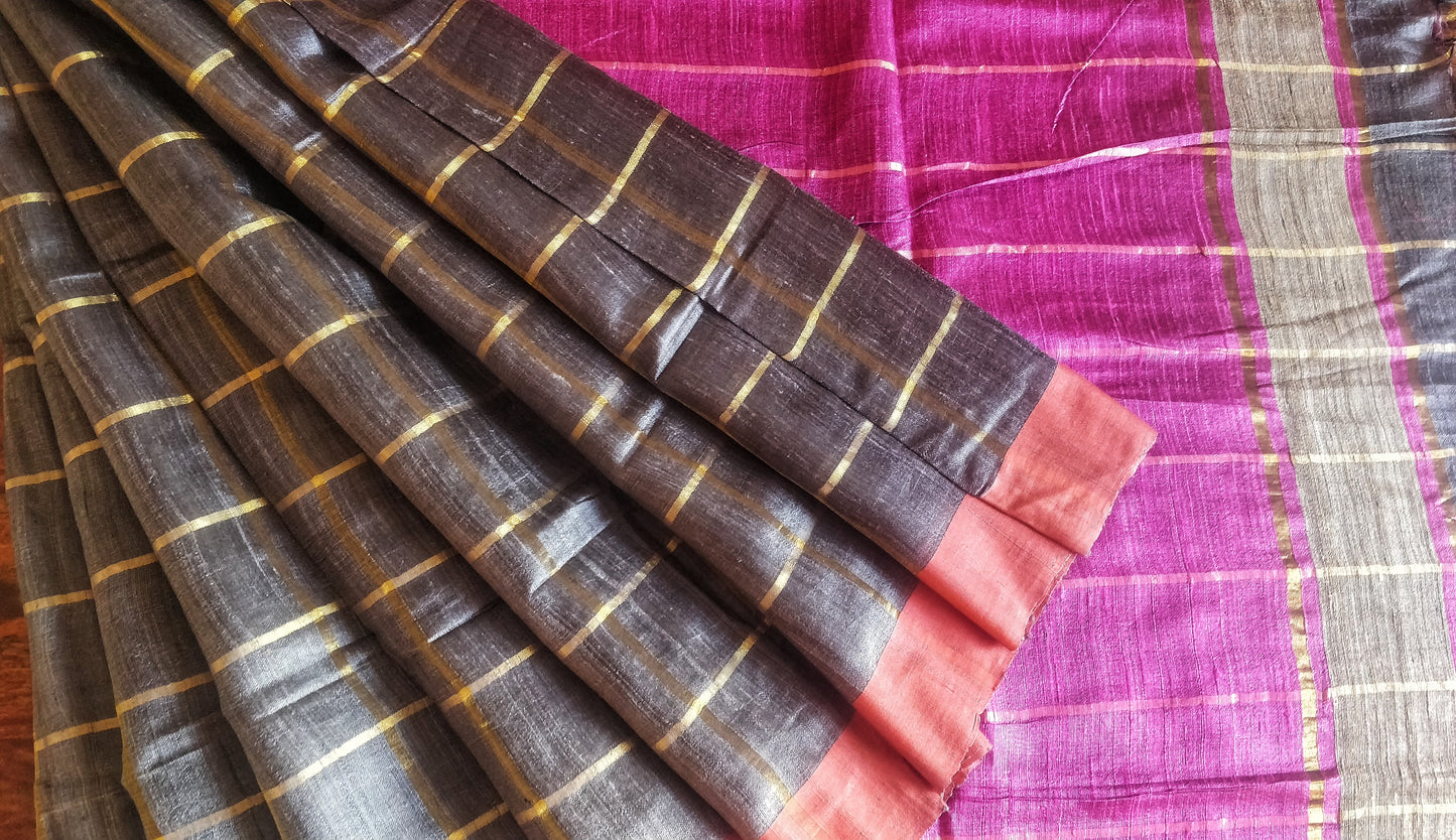 Grey and Pink Bhagalpur Tussar Dupion Saree