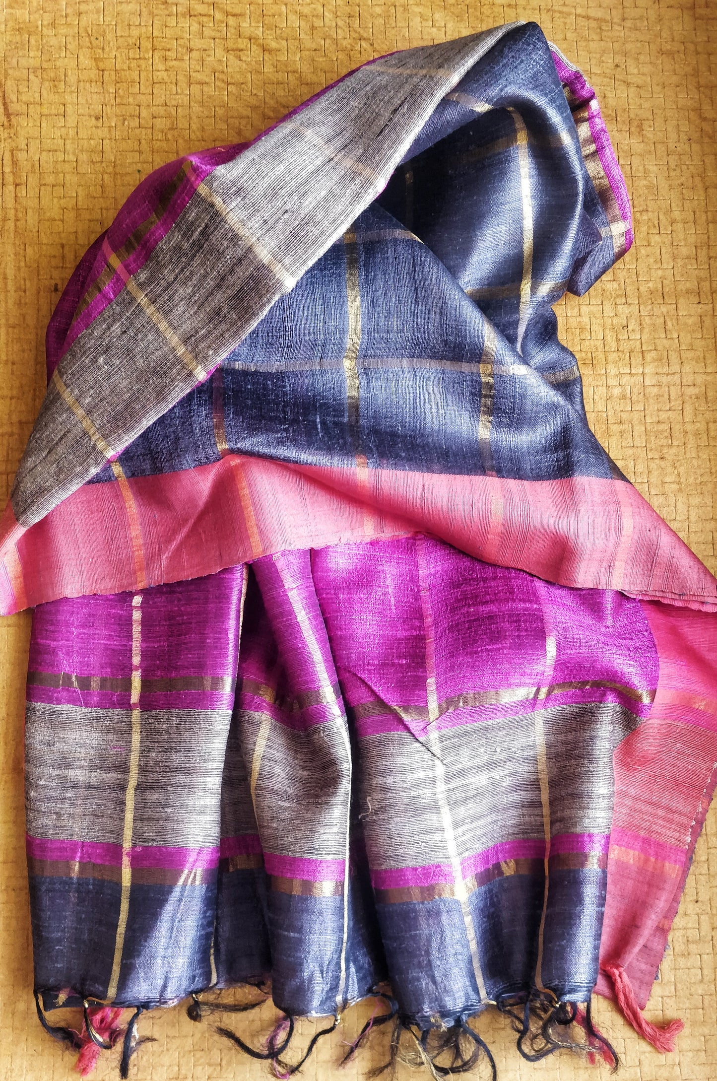 Grey and Pink Bhagalpur Tussar Dupion Saree