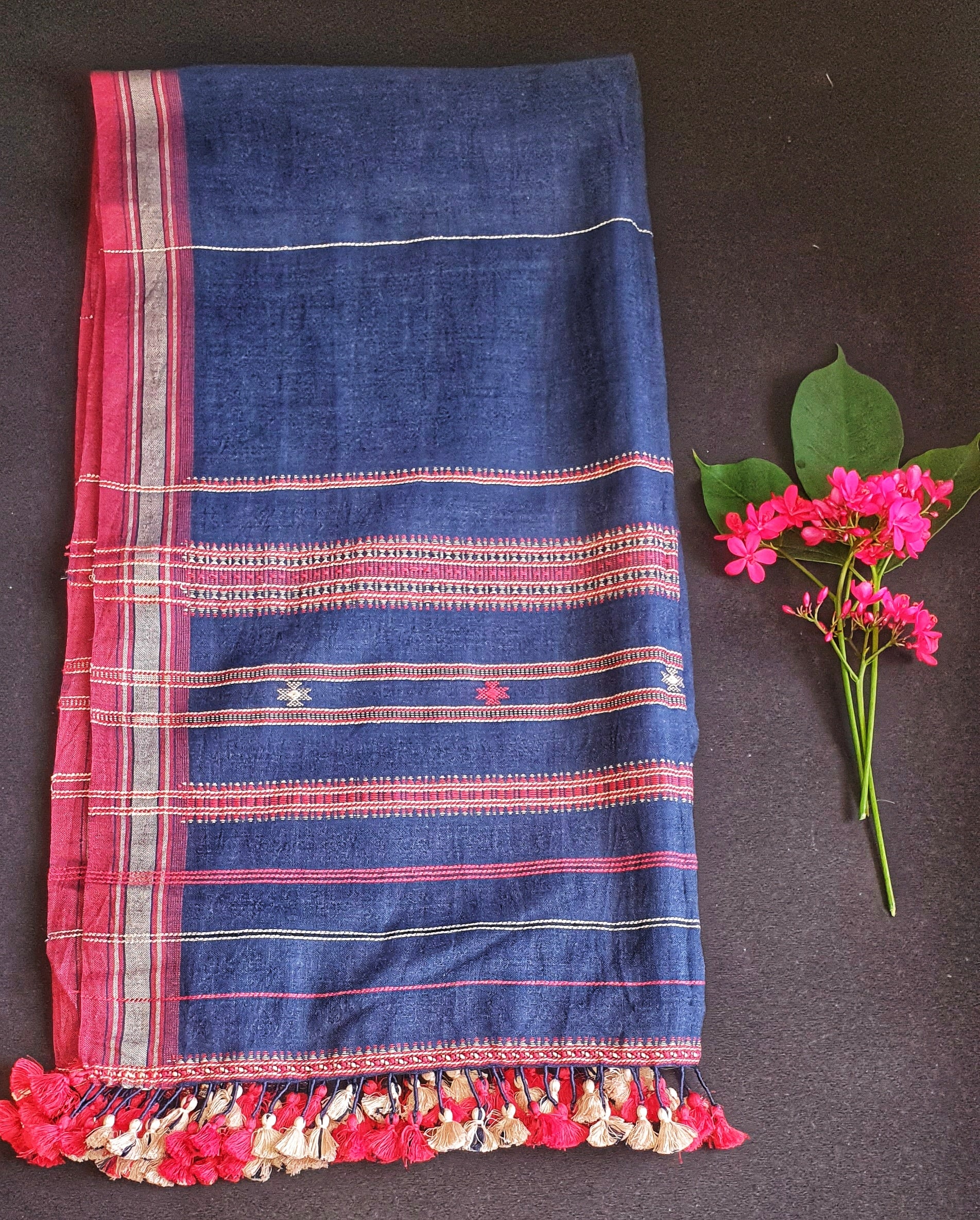 Blue Bhujodi Handloom Kala Cotton Stole with Tassels