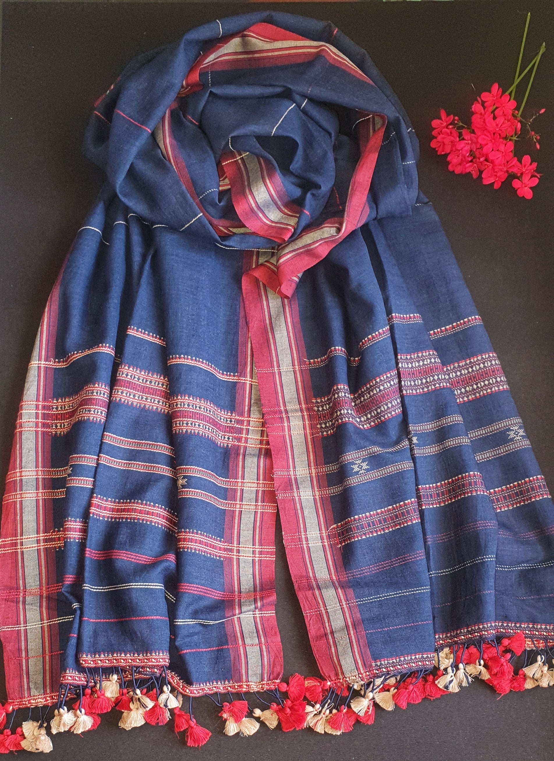 Blue Bhujodi Handloom Kala Cotton Stole with Tassels