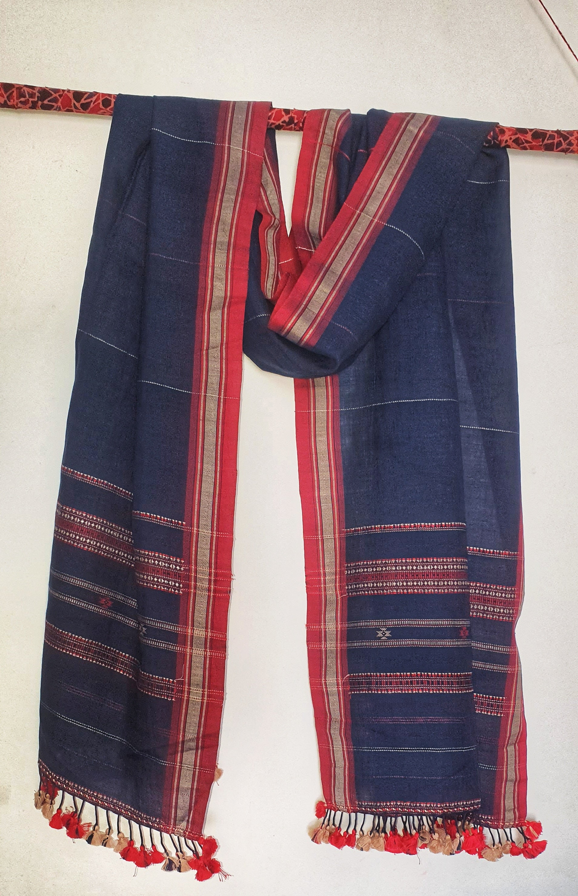 Blue Bhujodi Handloom Kala Cotton Stole with Tassels