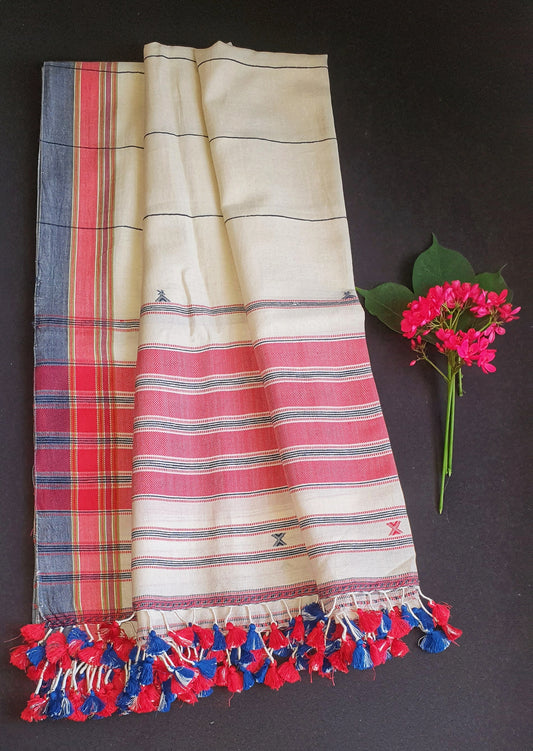 Off White Bhujodi Handloom Kala Cotton Dupatta with Tassels