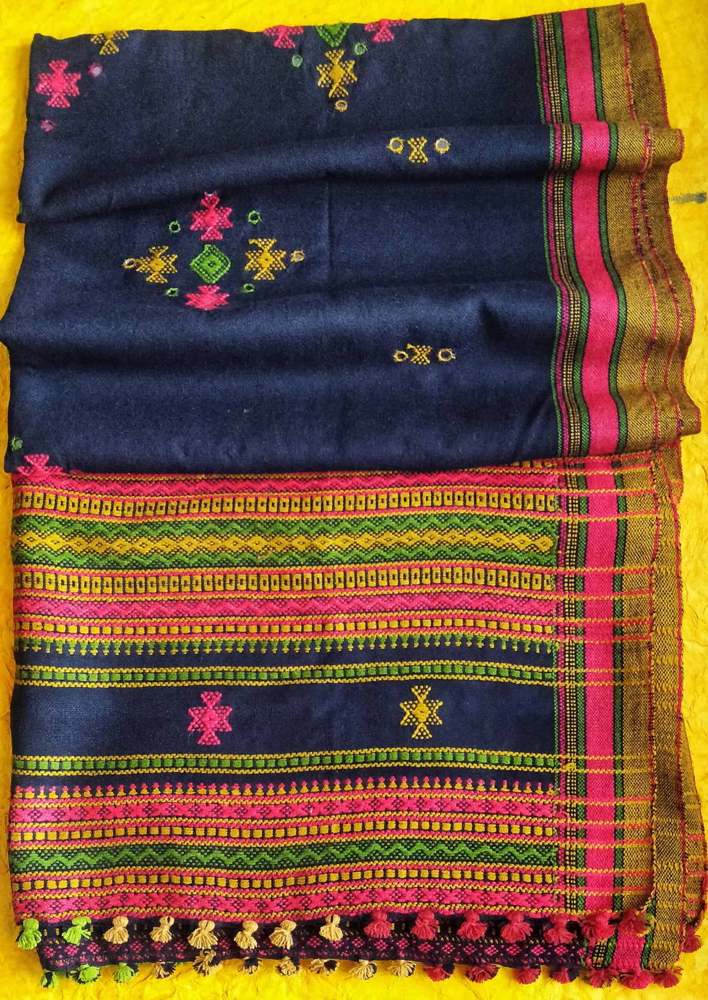 Black Bhujodi Kutch Work Shawl with Mirror Work Success