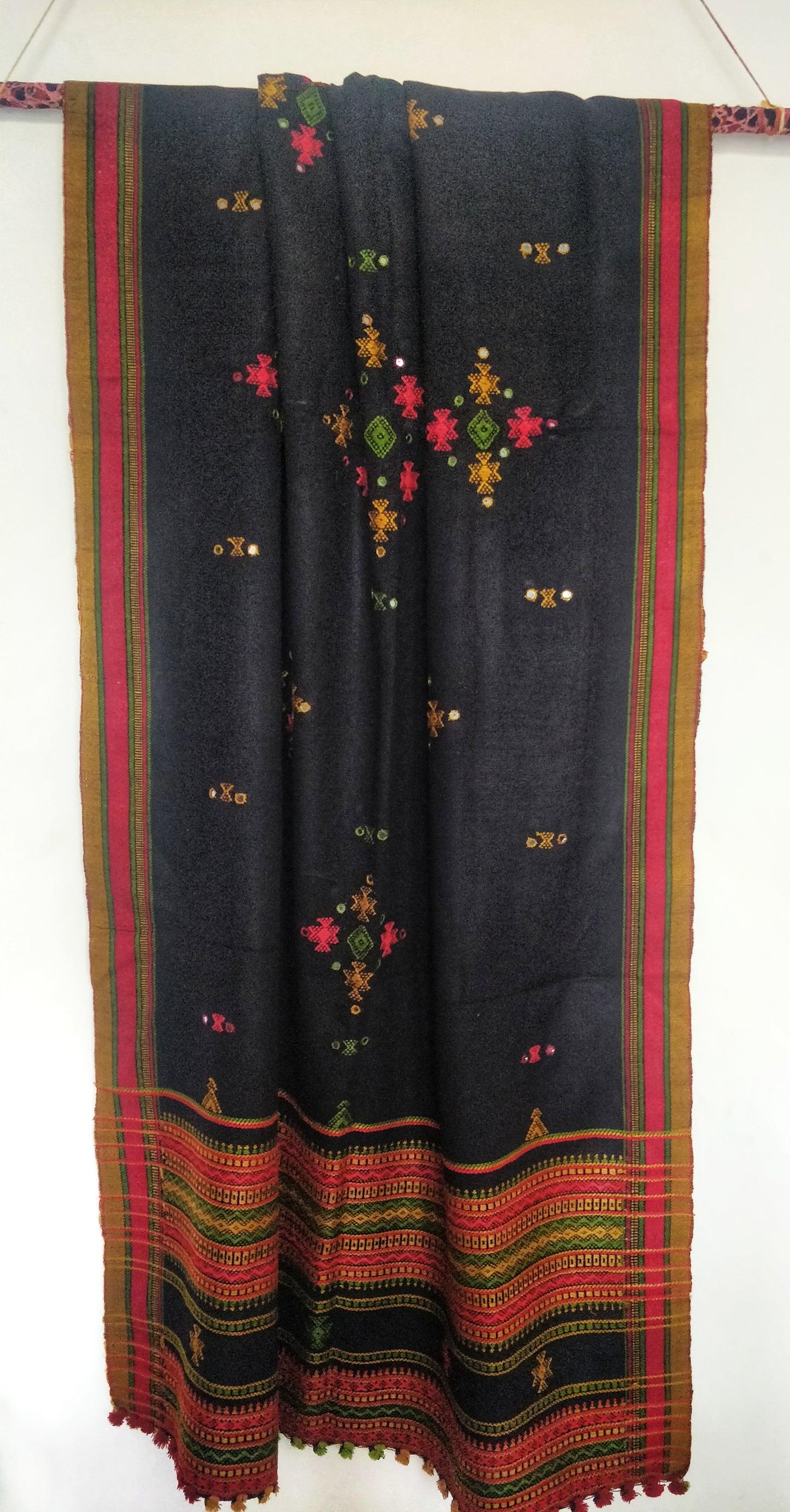  Black Bhujodi Kutch Work Shawl with Mirror Work Success