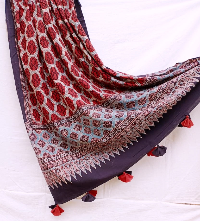 Maddar Red Honeycomb Ajrakh Hand Block Print Cotton Dupatta