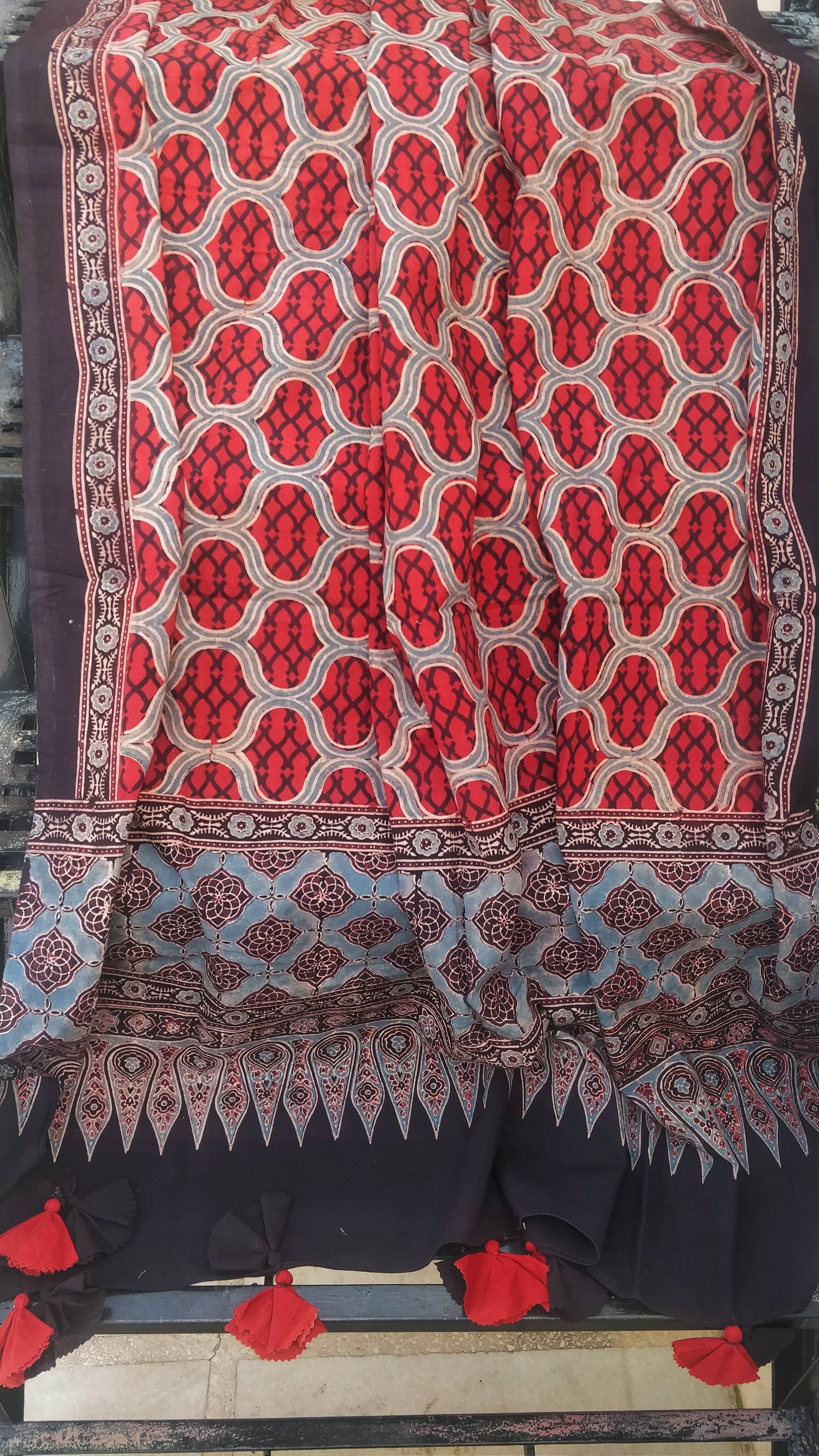 Maddar Red Honeycomb Ajrakh Hand Block Print Cotton Dupatta