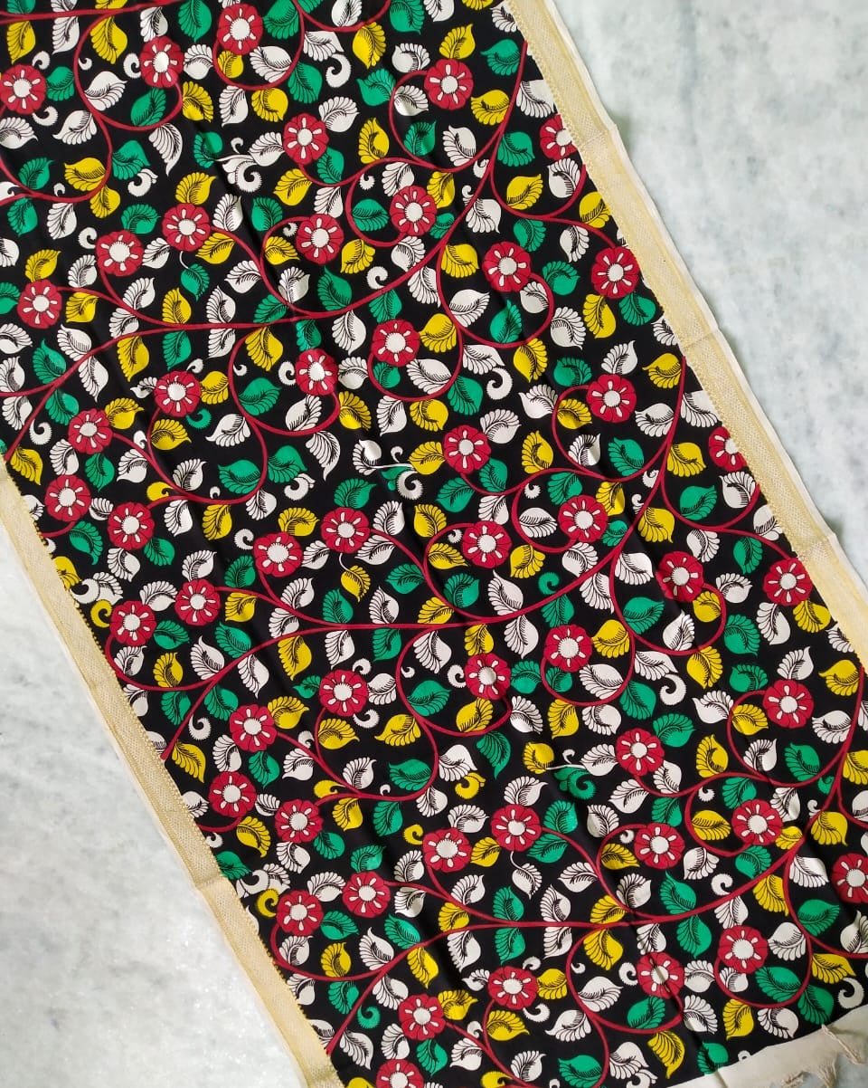 Black Handpainted Srikalahasti Kalamkari Cotton Dupatta with Zari Border