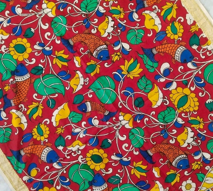 Red Matsya and Pan Motif Handpainted Srikalahasti Kalamkari Cotton Dupatta with Zari Border