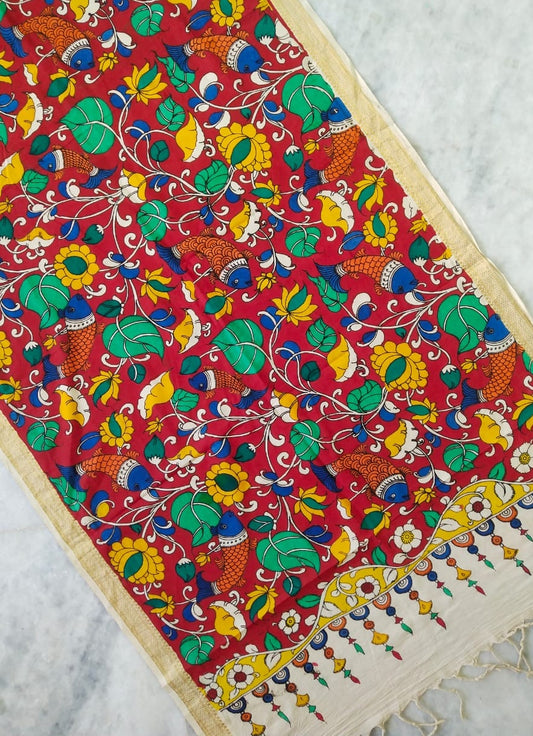 Red Matsya and Pan Motif Handpainted Srikalahasti Kalamkari Cotton Dupatta with Zari Border