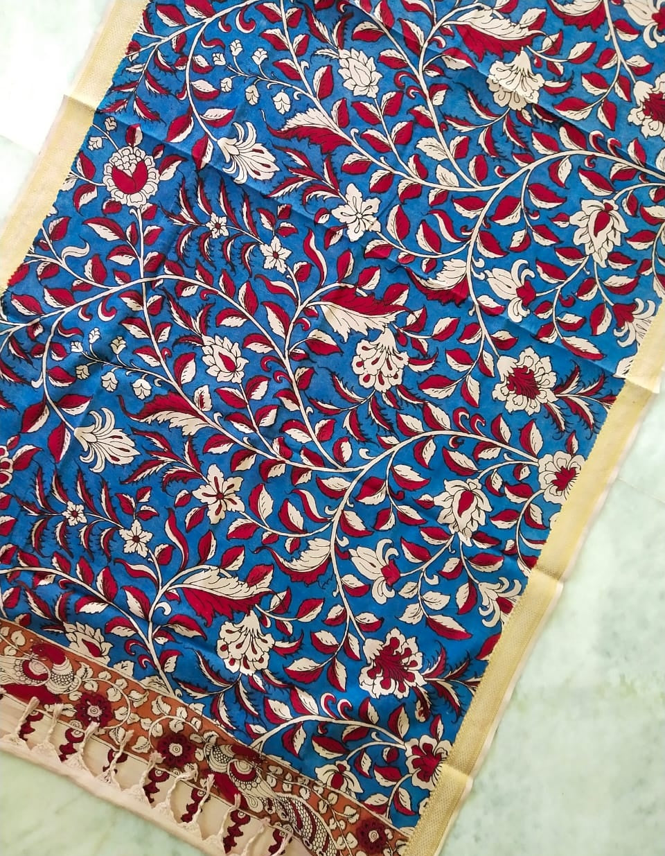 Blue and Red Handpainted Srikalahasti Kalamkari Cotton Dupatta with Zari Border