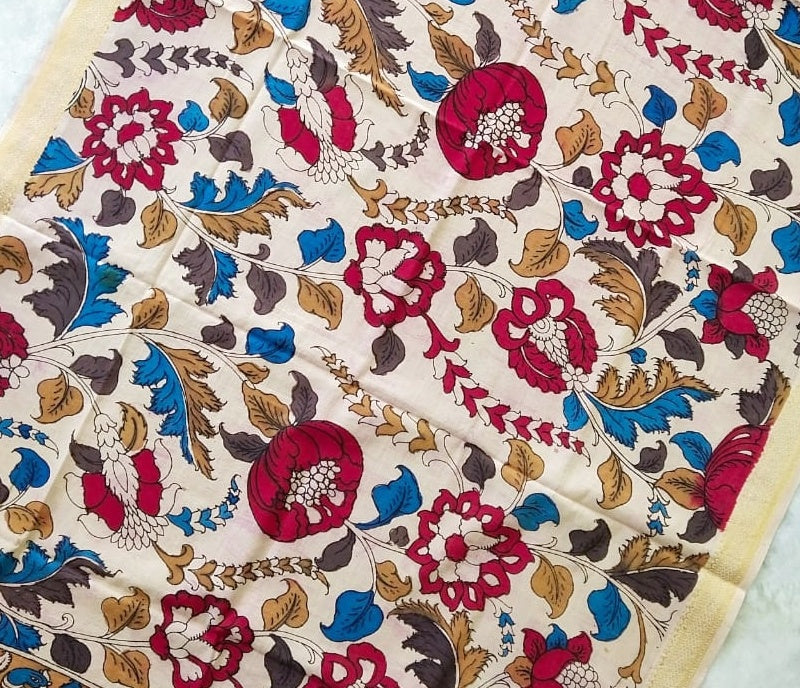 Cream and Red Handpainted Srikalahasti Kalamkari Cotton Dupatta with Zari Border