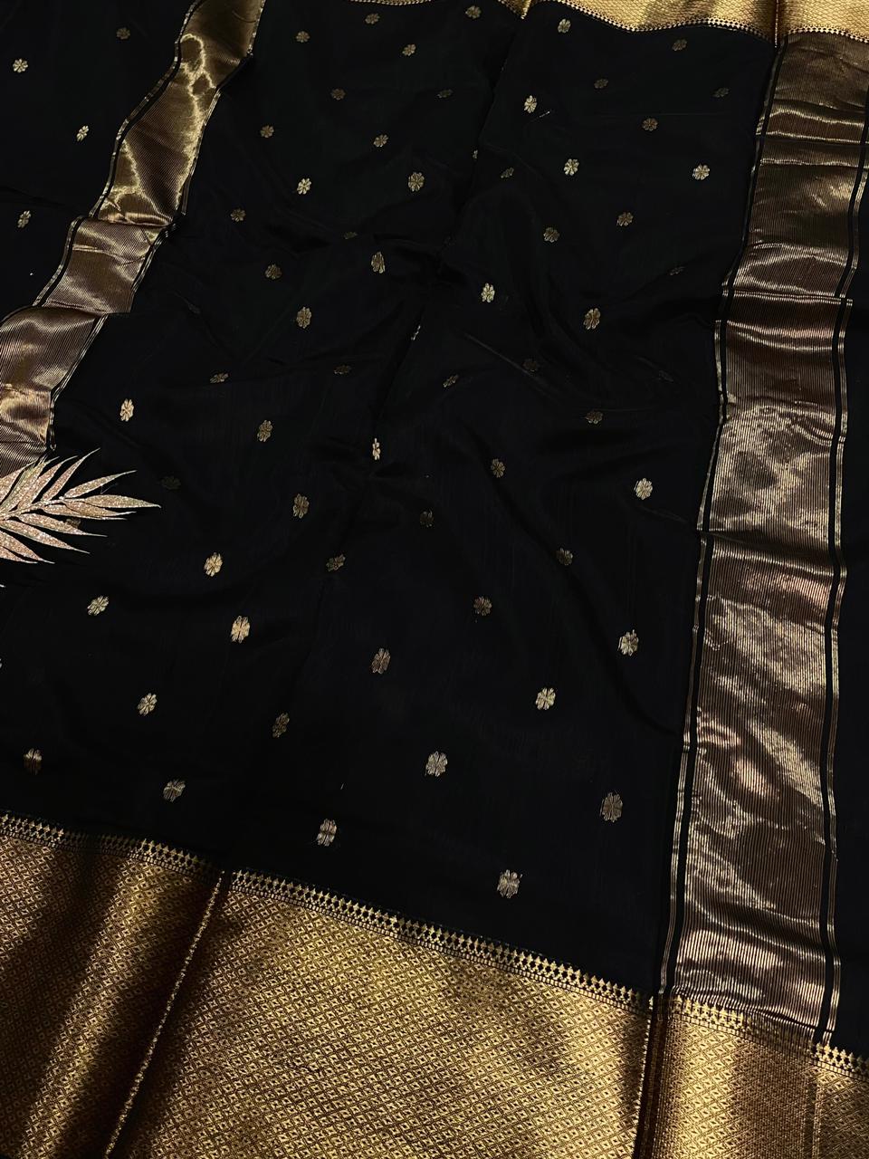 Black Small Butti Maheshwari Silk Cotton Saree with Gold Zari Border