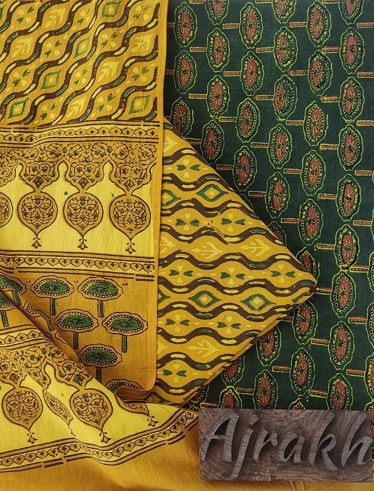 Yellow and Green Lotus Motif Ajrakh Unstitched Suit Set with Cotton Dupatta