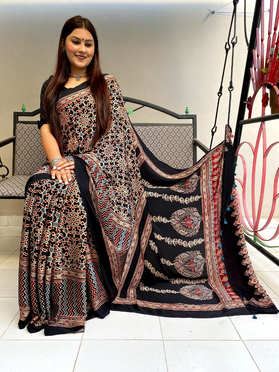 Asmita's Black Ajrakh Hand Block Natural Dye Modal Silk Saree With Blouse