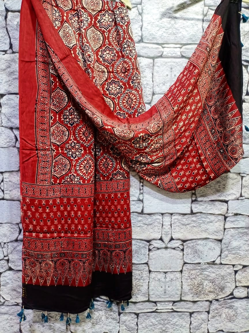 Red Jaal Motif Ajrakh Handblock Printed Modal Silk Dupatta with Tassels