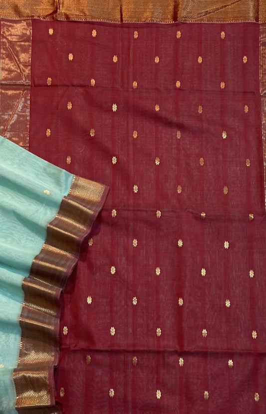 Icy Blue and Red Maheshwari Silk Cotton Saree with Golden Zari Border