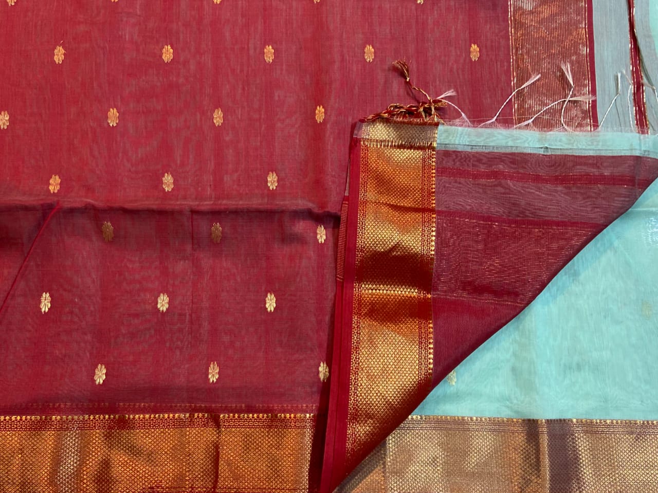 Icy Blue and Red Maheshwari Silk Cotton Saree with Golden Zari Border