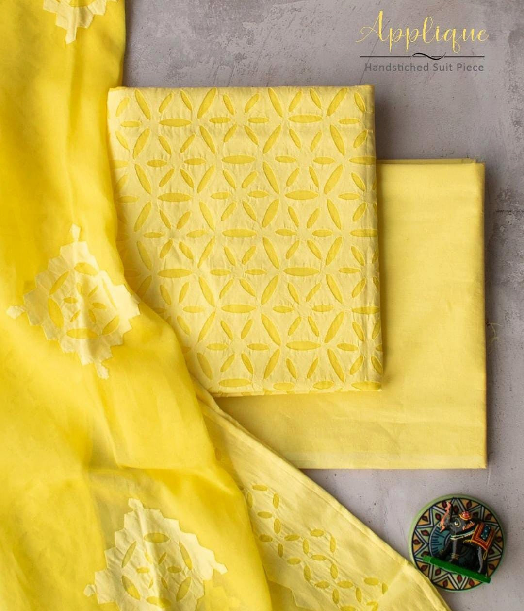 Sunshine Yellow Barmer Applique Cut Work Cotton 3pc Suit Material Set