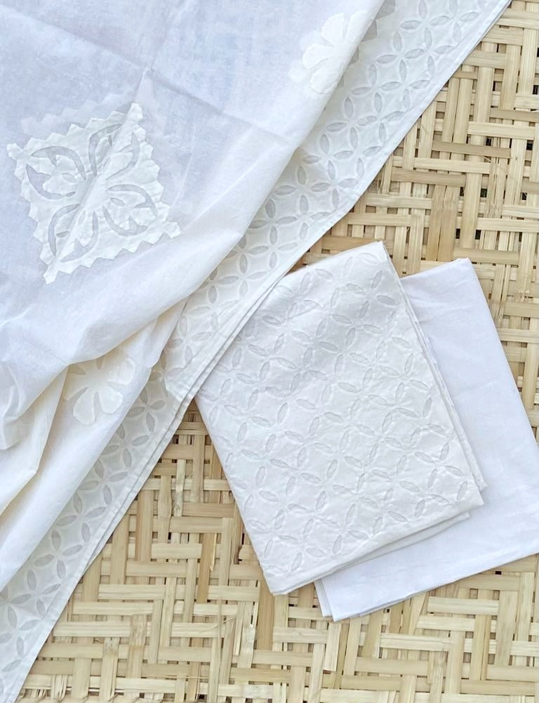 Pristine White Barmer Applique Cut Work Cotton 3pc Suit Material Set