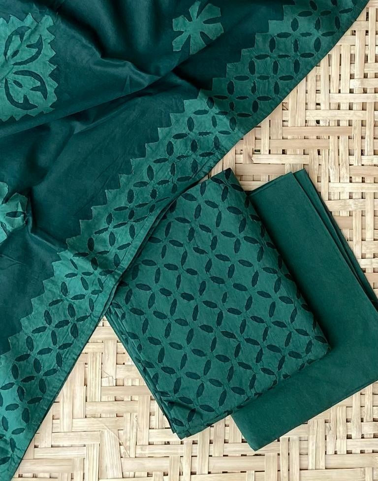 Bottle Green Barmer Applique Cut Work Cotton 3pc Suit Material Set