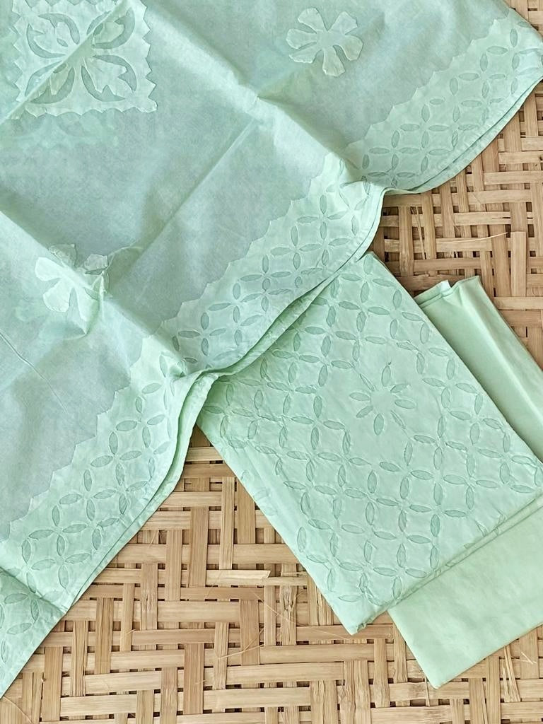 Mint Green Barmer Applique Cut Work Cotton 3pc Suit Material Set