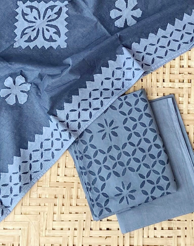 Ash Blue Barmer Applique Cut Work Cotton 3pc Suit Material Set