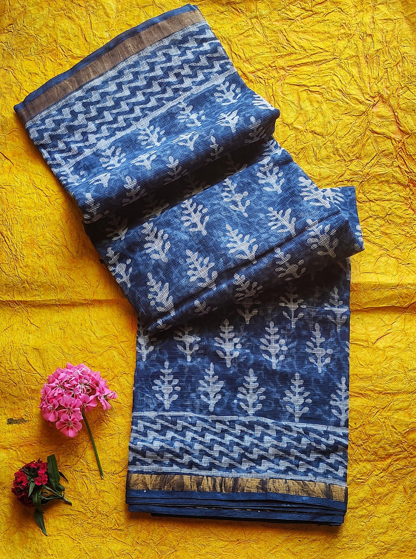 Classic Indigo Handblock Printed Kota Saree with Zari Border