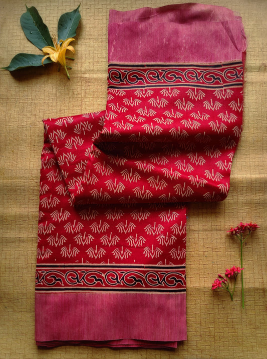 Deep Red Akola Chanderi Silk Cotton Saree with Gicha Border