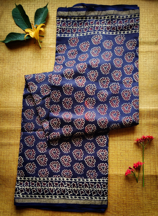 Ink Blue Chanderi Silk Cotton HandBlock Printed Saree
