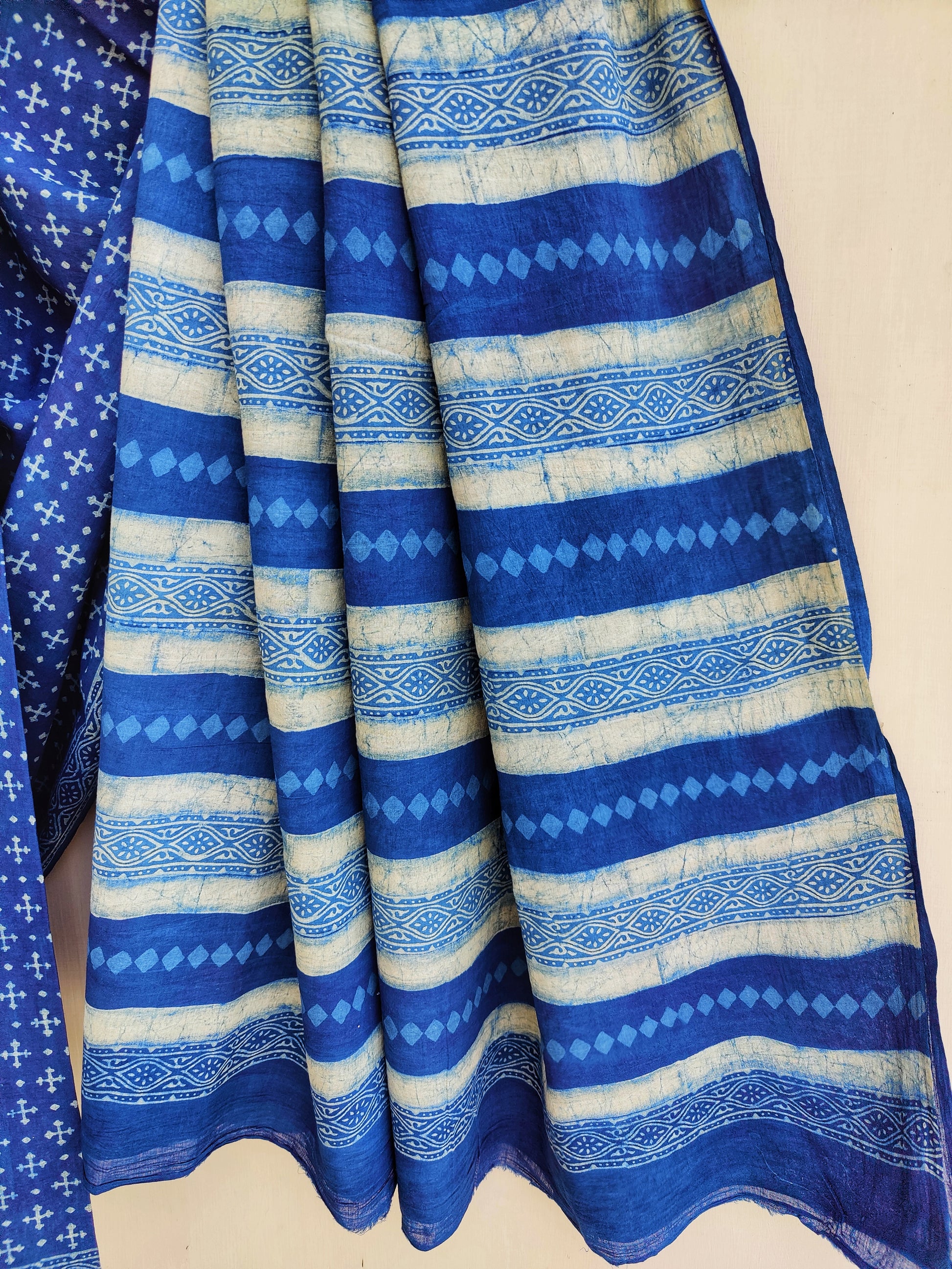 Divinity Indigo Akola Hand Block Mulmul Cotton Saree