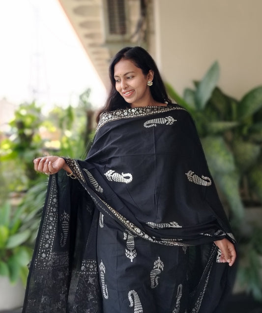 Black and Silver Paisley Motif Cotton Suit with Mul Cotton DupattaBlack and Silver Paisley Motif Cotton Suit with Mul Cotton Dupatta